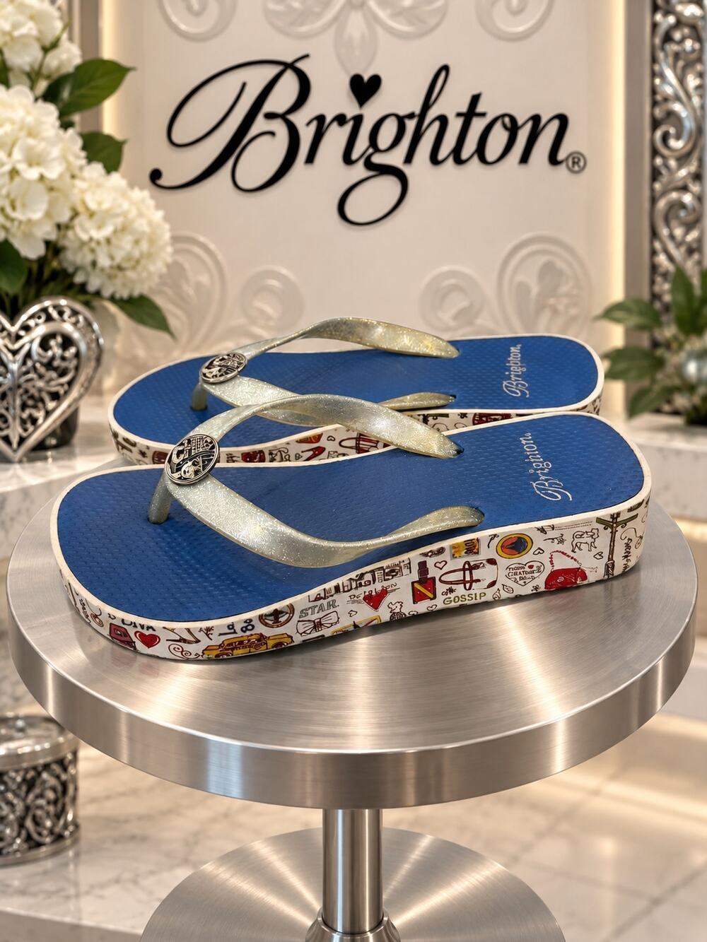 Brighton Blue Travel Print Platform Wedge Flip Flops Sandals Sz 7.5-8